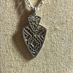 Silver Toned Geometric Aztec Shield Pendant Necklace